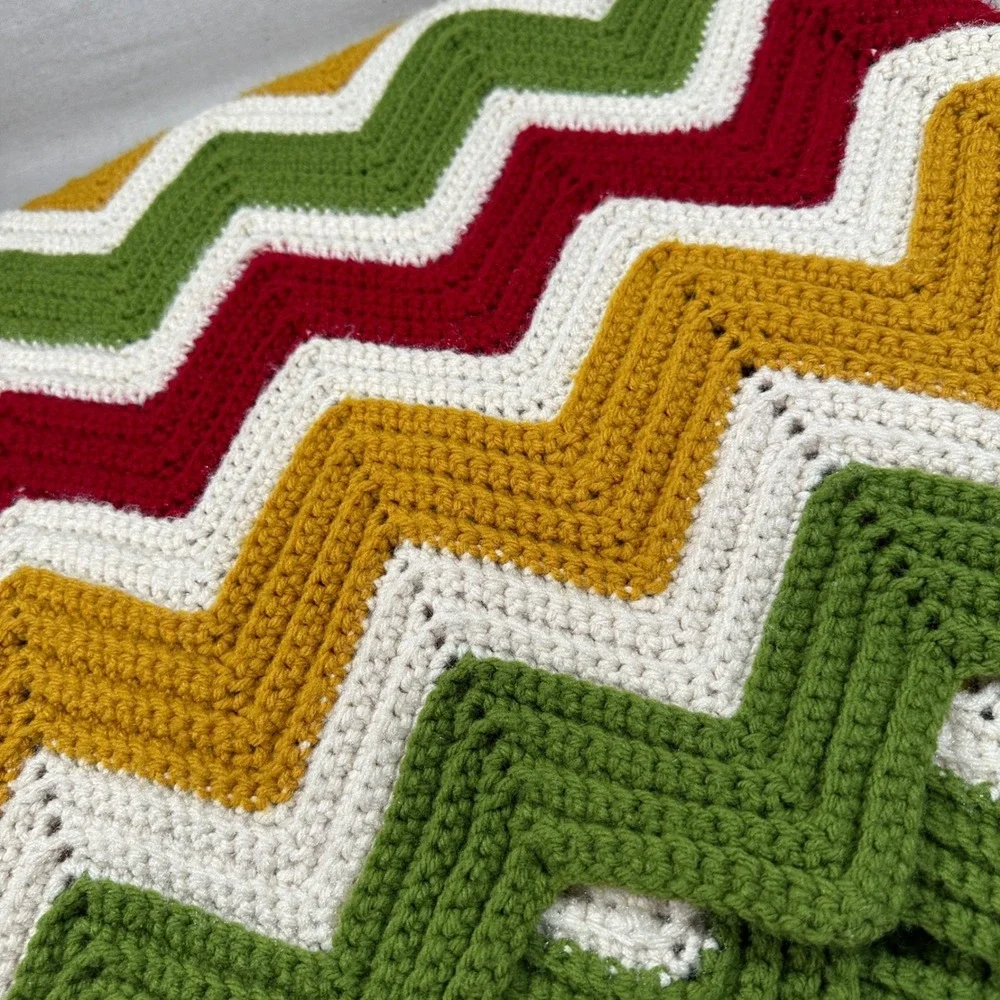 Handmade Crochet Chevron Afghan Throw Blanket Multicolor Zig‎ Zag Retro mustard